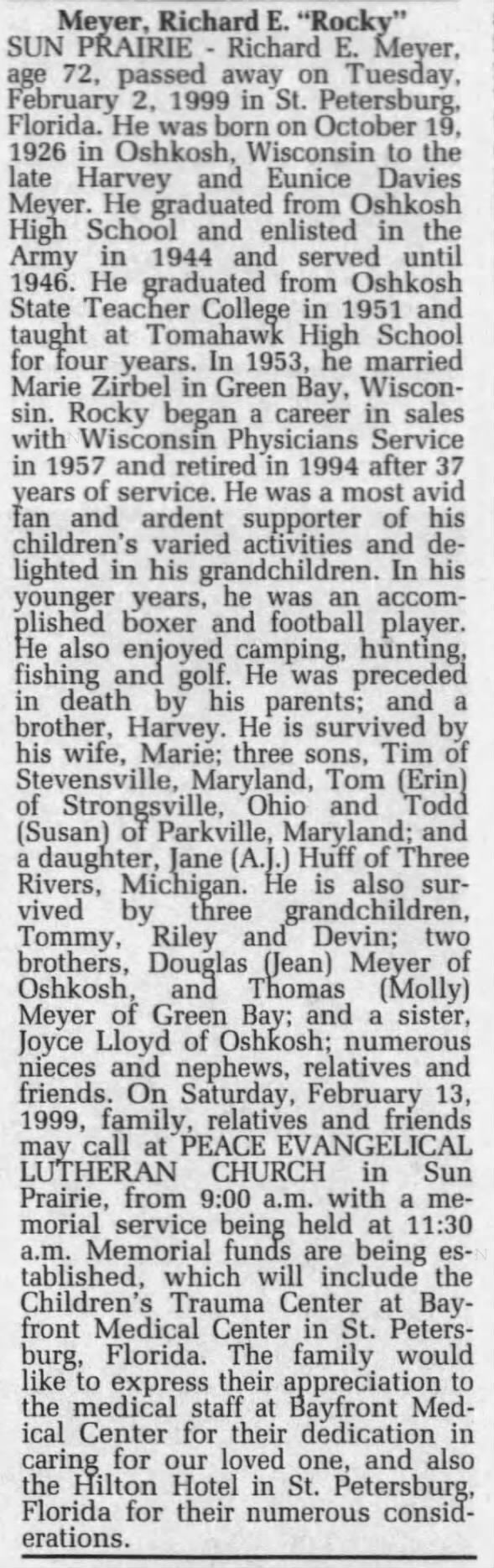 Obituary for Richard E. Meyer, 1926-1999 (Aged 72)